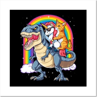 Cat Unicorn Riding Dinosaur T rex Kitten Lover Space Galaxy Posters and Art